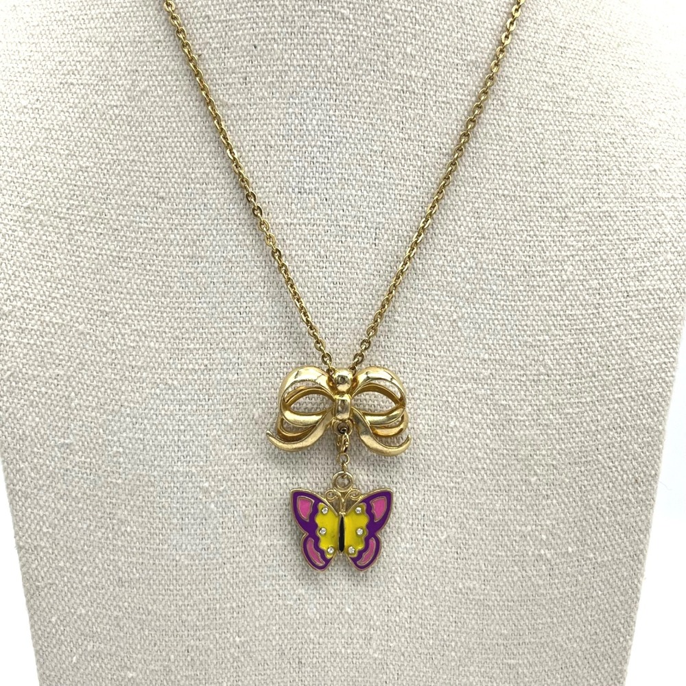 Gold Tone Bow Butterfly Charm Necklace Pendant‎ Rhinestone Enamel
